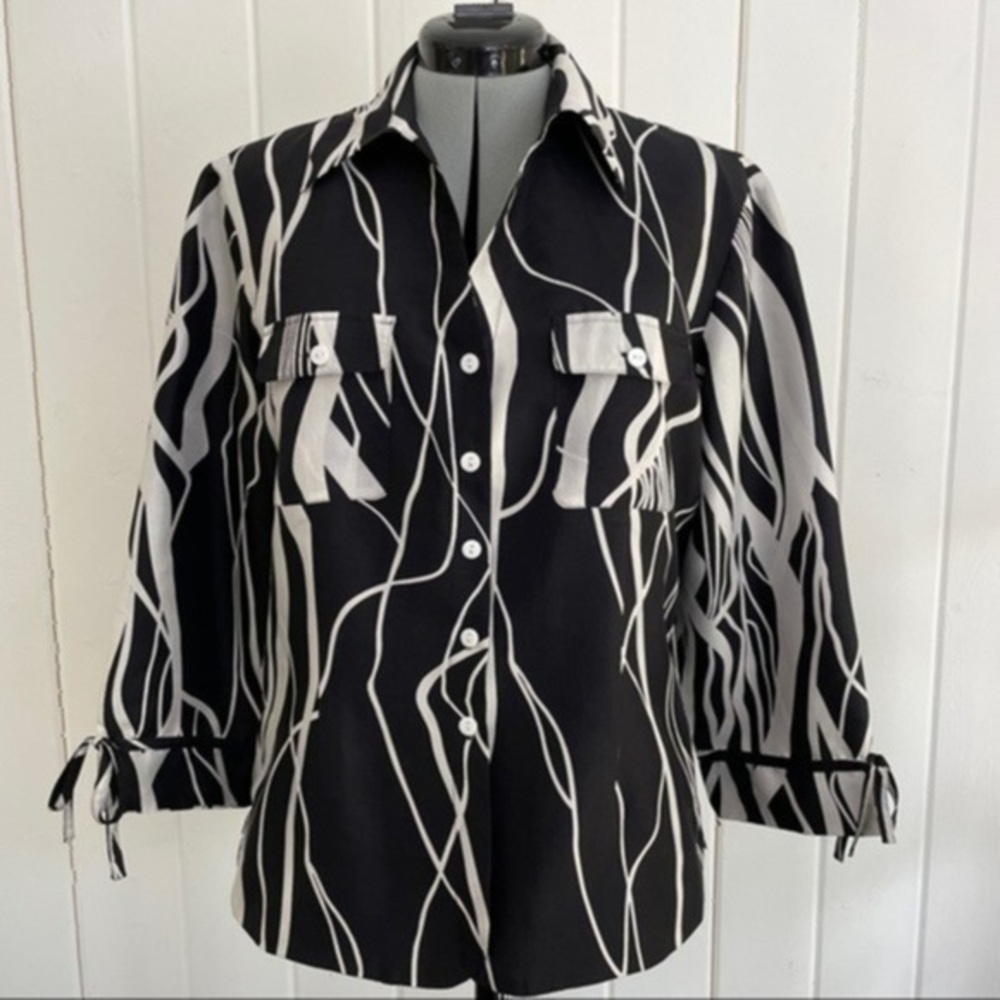 Anne Carson 100% Silk Black/White Print Lined Top